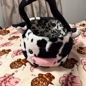 Cow Print Plush Easter Basket with Pink Accents